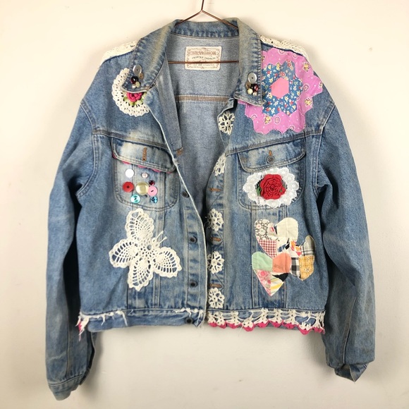 Embellished Blue Jean Jacket Crochet Patchwork - Picture 2 of 14